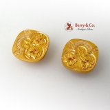Aesthetic Square Cufflinks or Buttons Engraved Floral Decorations 14 K Yellow Gold