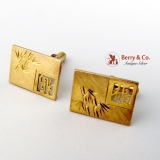 Vintage Chinese Rectangular Cufflinks Engraved Bamboo Decorations 14 K Gold