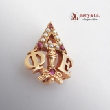 Vintage Delta Phi Epsilon Medical Fraternity Pin Nine Seed Pearls Synthetic Rubies 14 K Gold