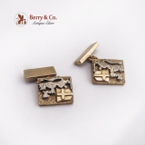 Hand Made Cufflinks Lion Crown Shield Axe 14 K Yellow Gold