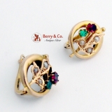Vintage Round Floral Earrings Green and Red Tourmaline Seed Pearls 14K Gold
