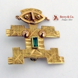Pre-Colombian Style Female Figurine Brooch Pendant 14 K Gold Emerald