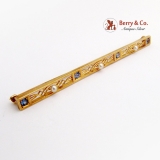 Vintage Long Bar Pin Brooch Seed Pearls Sapphires 14 K Gold