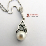 Estate Pearl  Drop Pendant Necklace 14 K White Gold Diamonds