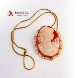 Vintage Large Ornate Cameo Brooch or Pendant 14 K Gold Diamonds