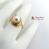 Round Swirling Design Cultured Pearl Ring White Gem Accent 14K Yellow Gold