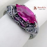 Elongated Hexagonal Synthetic Ruby Ring Diamond Chips Platinum