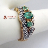 Ornate Green Tourmaline Ring Diamonds Floral Accents 14K Yellow Gold