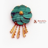 Carved Malachite Flower Brooch Pendant Ornate Dangles 14K Yellow Gold 1940