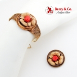 Antique Victorian Bracelet Brooch Pendant Set Carved Coral Roses 14K Gold