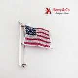 Multistone Figural USA Waving Flag Brooch 14K White Gold