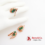 Exquisite Floral Motif Ring Earrings Set Emeralds Diamonds 14K Rose Gold