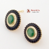 Oval Green Jadeite Jade Earrings Diamond Halo Carved Onyx Rim 14K Gold