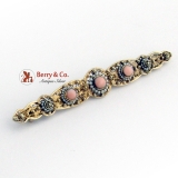 Art Nouveau Long Filigree Brooch Pink Coral Seed Pearls 14K Gold