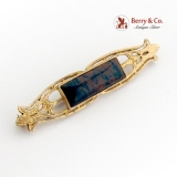 Victorian Long Openwork Brooch Agate Inset 14K Yellow Gold 1890
