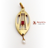 Art Deco Intricate Design Pendant Ruby Diamond Chip Seed Pearl 14K Gold