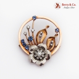 Round Floral Diamond Sapphire Brooch 14K Two Tone Gold