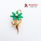 Green Chalcedony Flower Brooch 14K Gold Pearl Accents
