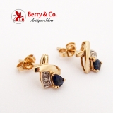 Dark Blue Sapphire Diamond Stud Earrings 14K Yellow Gold