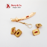 Scimitar Form Tie Bar Cufflinks Set 18K Yellow Gold Rhinestones 1920