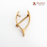 Wish Bone Form Brooch Pearl Accent 14K Gold