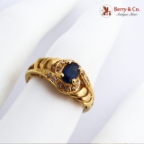 Natural Sapphire Ring 18K Yellow Gold White Gem Accents