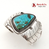 .Large Cuff Bracelet Turquoise Sterling Silver Leaf Navajo
