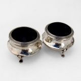 .English Footed Open Salts Pair Glass Liners Sterling Silver 1910