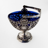 .German Ornate Cutwork Sugar Basket Cobalt Liner 800 Silver 1860