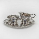 .German Floral Creamer Sugar Bowl Tray Set 800 Silver 1890