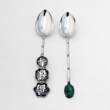 .Chinese Coffee Spoons Pair Tack Hing 900 Silver Carved Jade