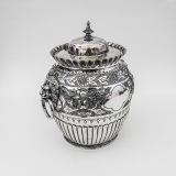 .English Ornate Repousse Biscuit Barrel Lions Head Handles Silverplate