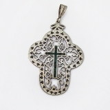 .Mexican Openwork Ornate Cross Pendant Green Inlay Sterling Silver
