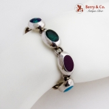 .Multi Colored Stone Oval Link Bracelet Sterling Silver Mexico