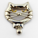 .Stylized Cat Brooch Ball Dangle Sterling Silver Mexico