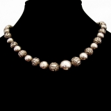 .Chinese Engraved Floral Graduated Bead Necklace Sterling Silver