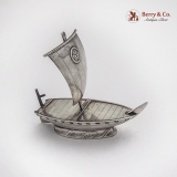 .Japanese Sailing Ship Form Salt Shaker Lotus Medallion Sterling Silver