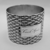 .Basket Weave Napkin Ring Wood Hughes Coin Silver 1875  