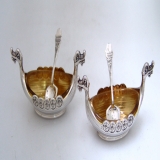 .Norwegian Figural Sterling Silver Viking Longboats Salt Cellars With Matching Spoons 1960