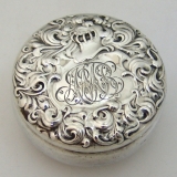 .Whiting Small Round Sterling Silver Box Heraldic Pattern Masschsettes 1880