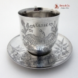 .Cup and Saucer Engraved Bird Thistles Coin Silver 1850 Elsie