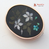 Vintage Pietra Dura Floral Oval Brooch 18K Gold