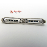 Art Deco 14K Karat White Gold Filigree Diamond Sapphire Bar Pin Brooch Vintage