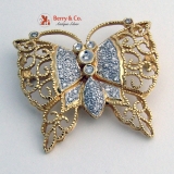 Butterfly Open Work Filigree Brooch or Pendant 14K Gold and Diamonds