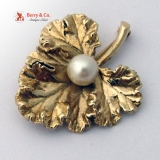 Vintage Cabbage Leaf Brooch 14 K Yellow Gold and Pearl
