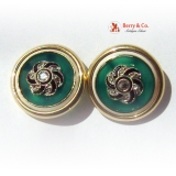 Vintage Round Post Earrings Chalcedony Onyx White Enamel Diamonds 14 K Yellow Gold