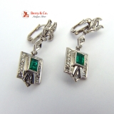Art Deco Natural Emerald Earrings Diamonds 14 K White Gold