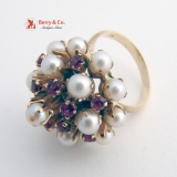 Vintage Ornate Cocktail Ring Burlesque Style 14 K Yellow Gold Rubies Pearls