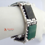 Vintage Modernist Chunky Bracelet Sterling Silver Agate Nephrite Obsidian Carnelian