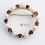Round Pearl and Ruby Brooch 14 K Gold